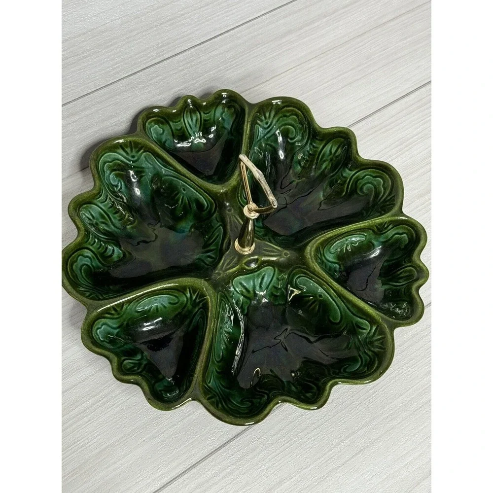Vintage Art Deco Green Ceramic Divided Serving Tray with Gold Handle Floral Leaf